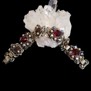 Vintage Victorian Revival Red Rhinestone AB Book Chain Bracelet